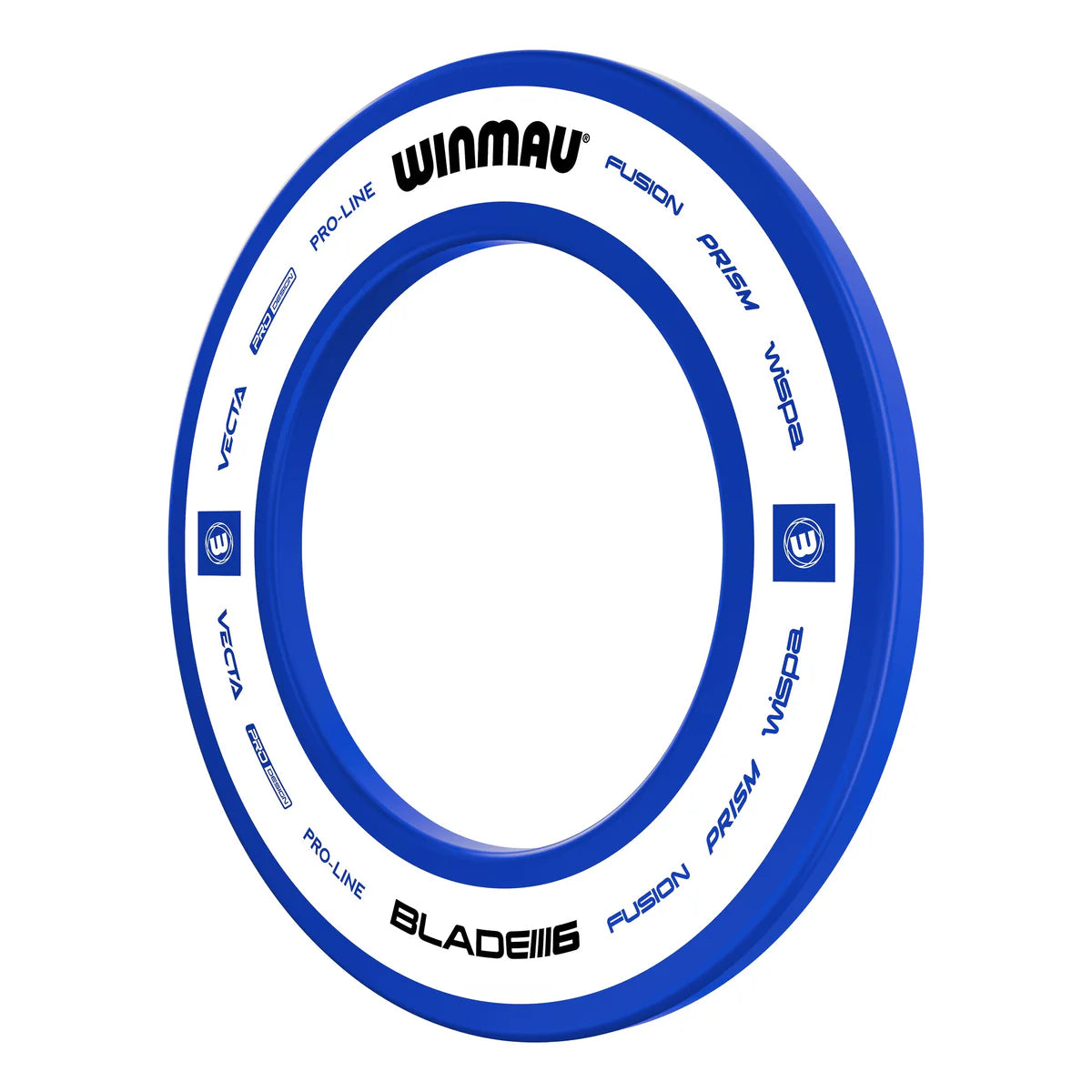 Angled view of Pro-Line 2.0 blue dartboard surround showing durable construction and bold white branding ring
