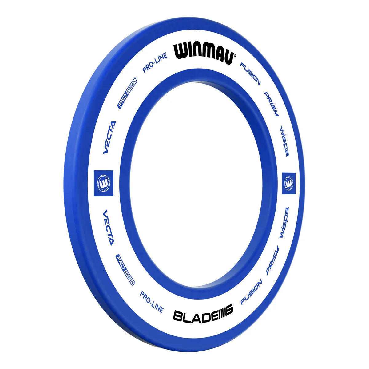 Angled view of blue dartboard surround ring, isolated on white, showing protective edge and detailed branding for dartboard setup