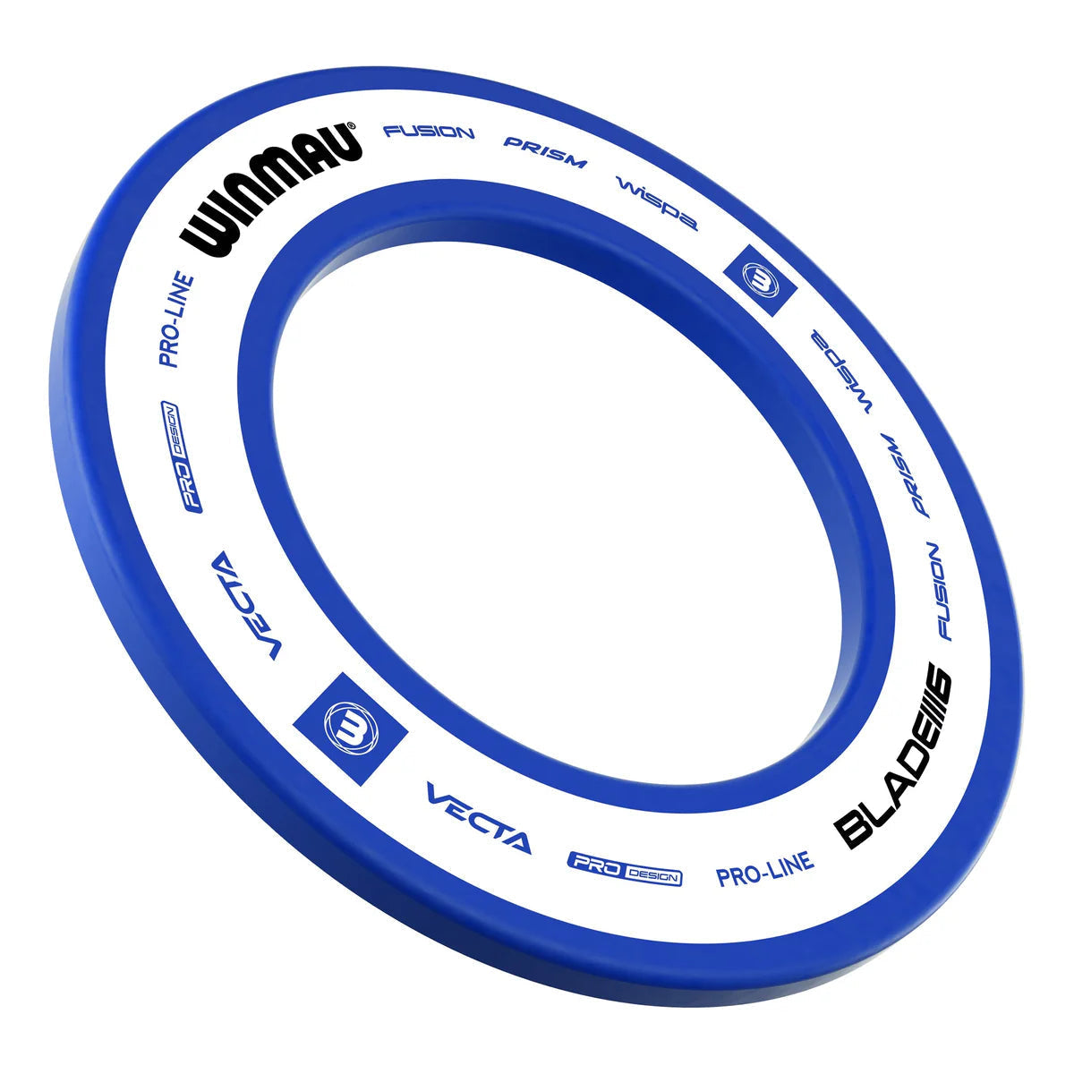 Angled view of blue dartboard surround ring with printed graphics, isolated on white background for dartboard protection