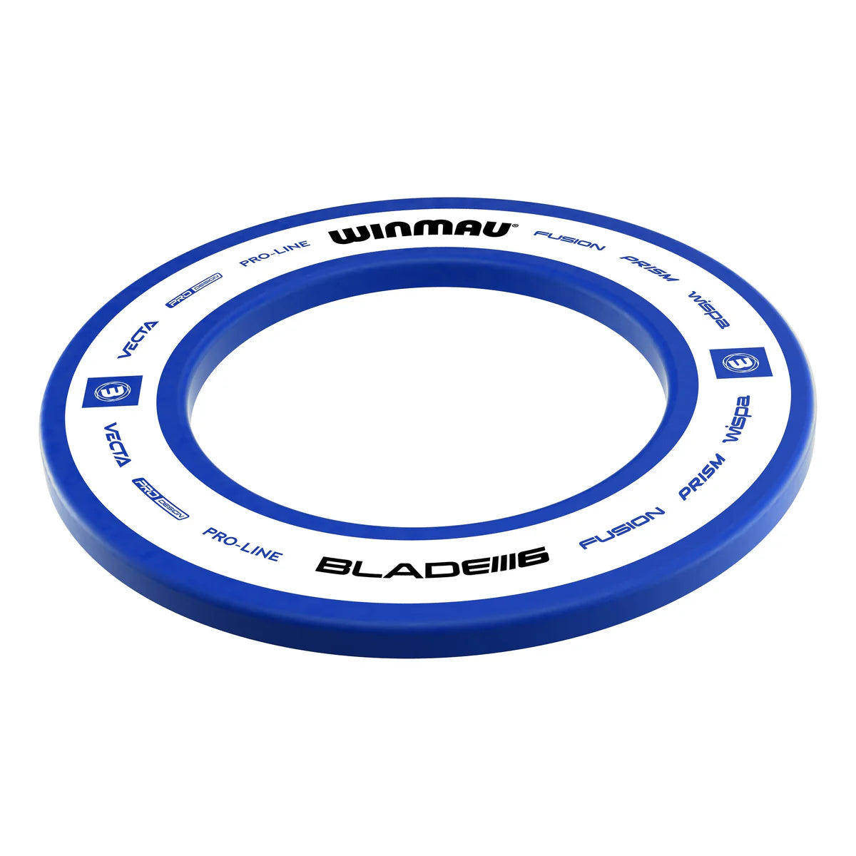 Angled view of blue dartboard surround ring with product names and dart graphics, isolated on white for dartboard protection