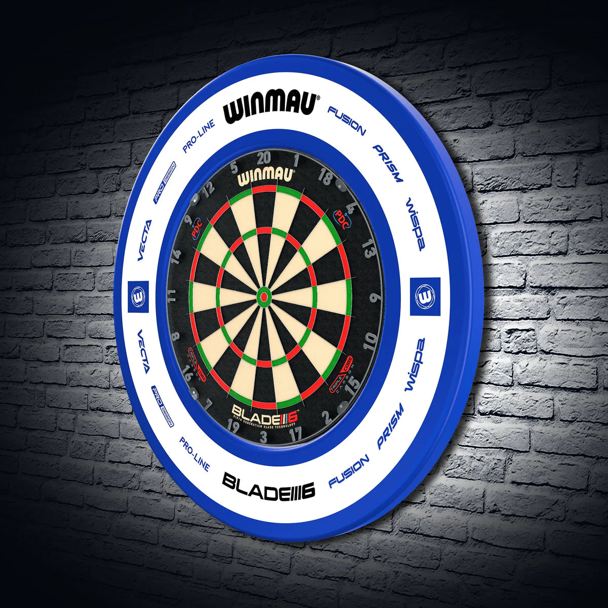 Angled shot of blue Pro-Line 2.0 dartboard surround on wall, fitted around dartboard, showing protective coverage for dart games