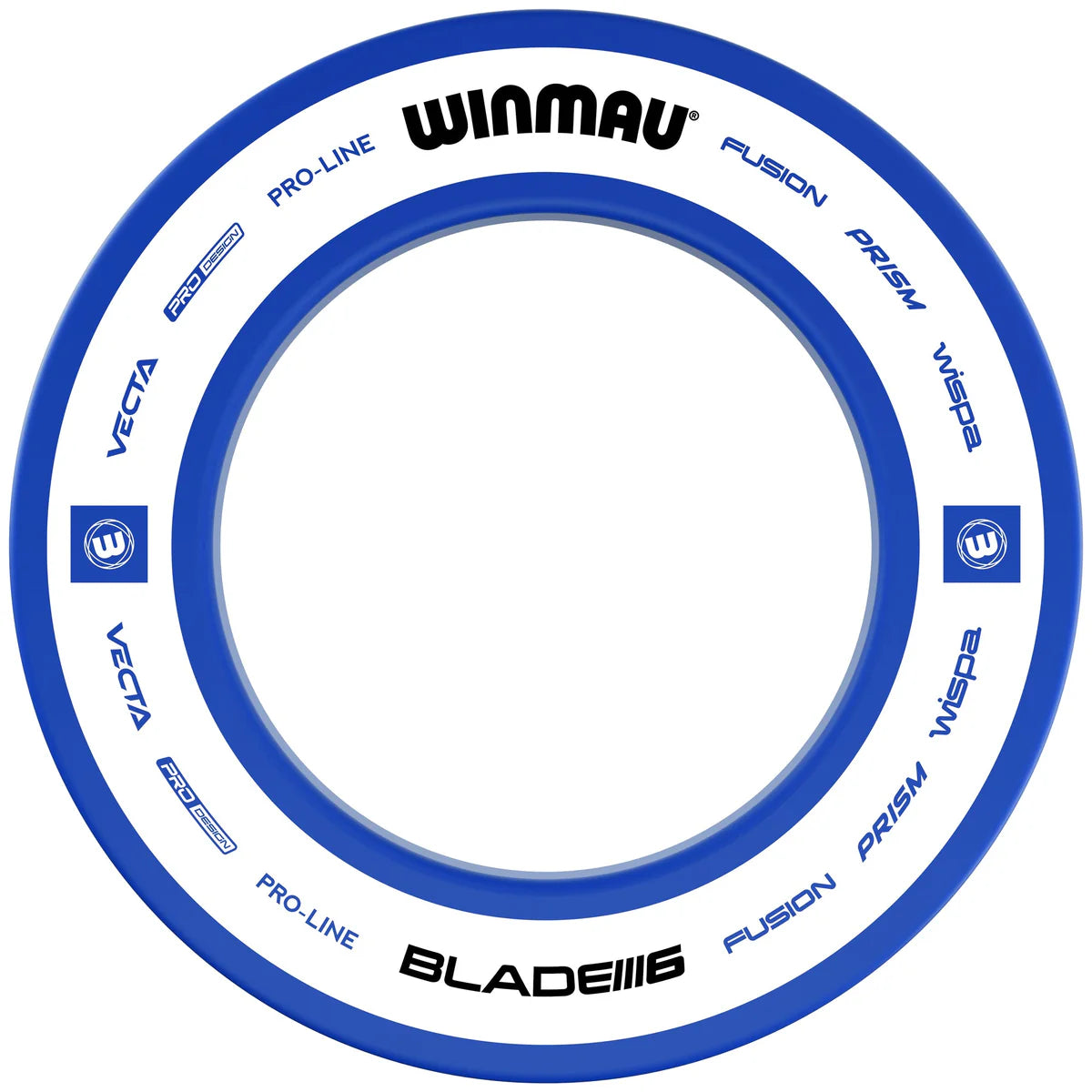 Top-down view of blue dartboard surround ring with white inner band, protective dart accessory, isolated on white background