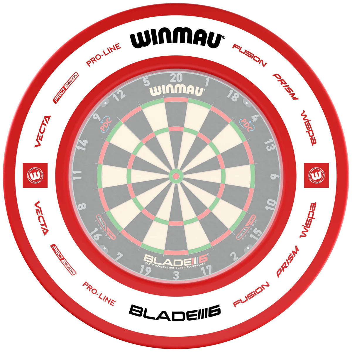 Top-down view of a red Pro Line 2.0 dartboard surround fitted on a dartboard, showing protection ring and clean installation