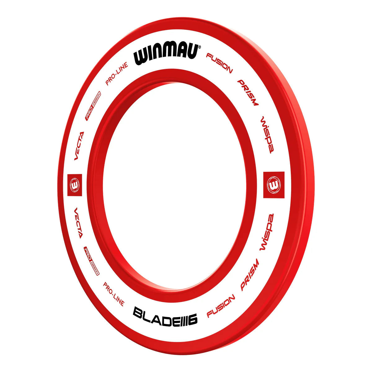 Angled red dartboard surround isolated on white, highlighting durable material and clear dart equipment branding for board protection