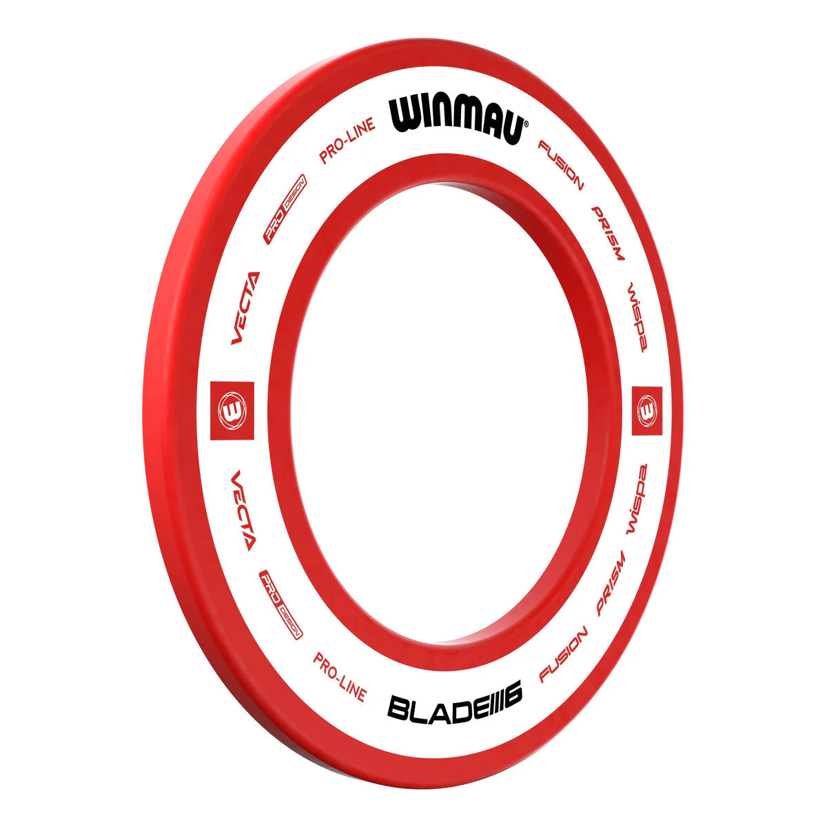 Angled view red dartboard surround with white inner ring, branding and text, isolated on white background for dartboard protection