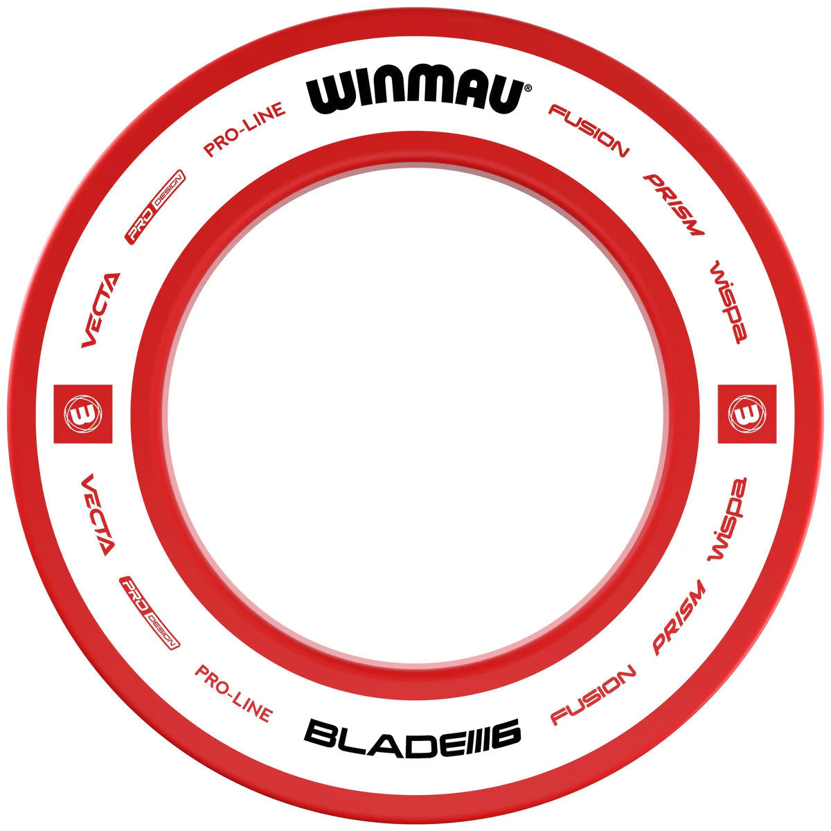 Top-down view of red and white dartboard surround ring, full product shot, durable dartboard protection accessory