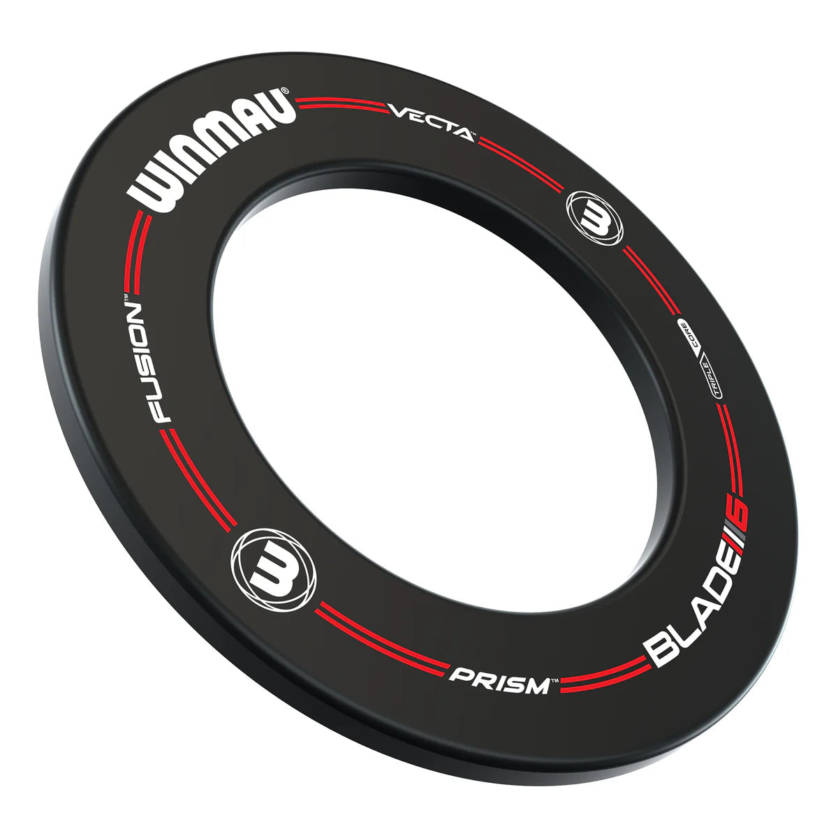 Angled full view of black dartboard surround with red detailing and bold printed labeling, isolated on white background