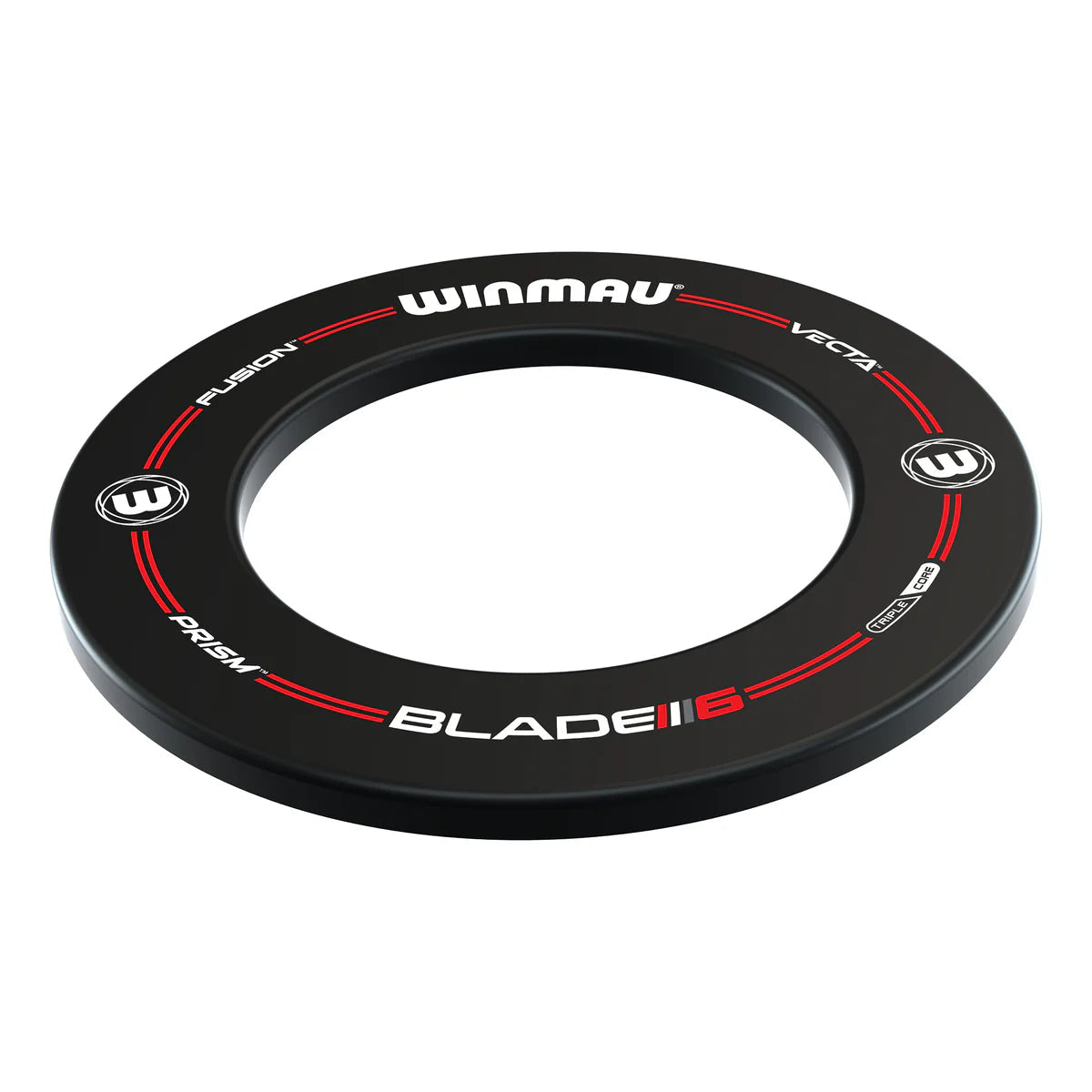 Angled view of black dartboard surround ring with printed logos and red accents, isolated on white background