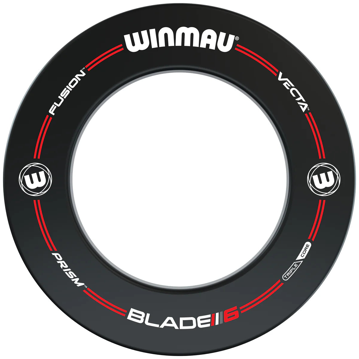 Black dartboard surround ring full view on white background with red detailing and clear product labels for dartboard protection