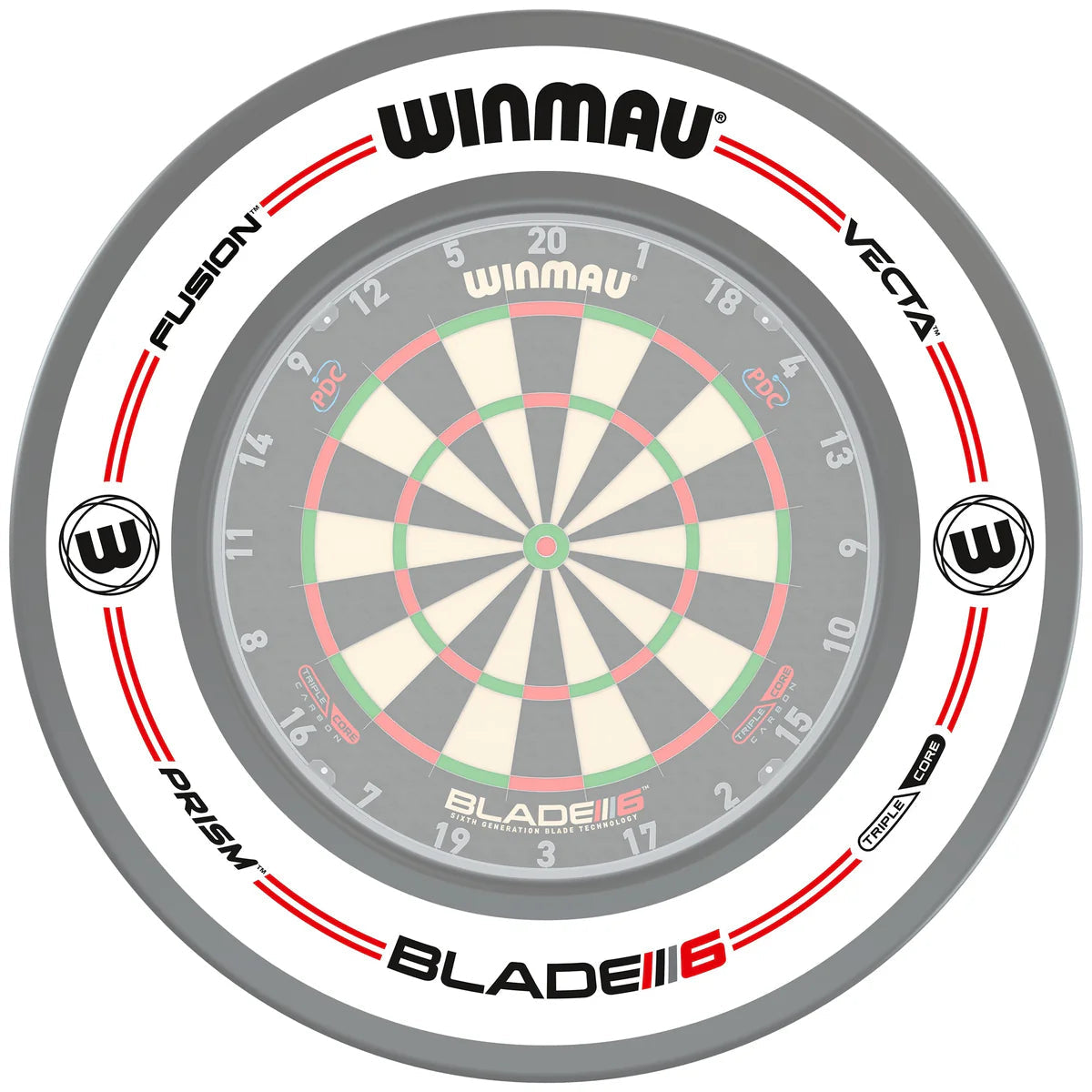 Top-down view of white dartboard surround fitted on dartboard, ideal for protecting walls during darts games