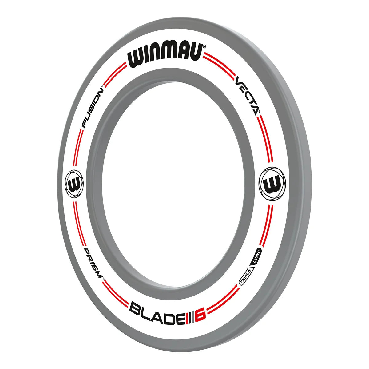 angled view of pro line white dartboard surround ring with red and black darts graphics, isolated on white background