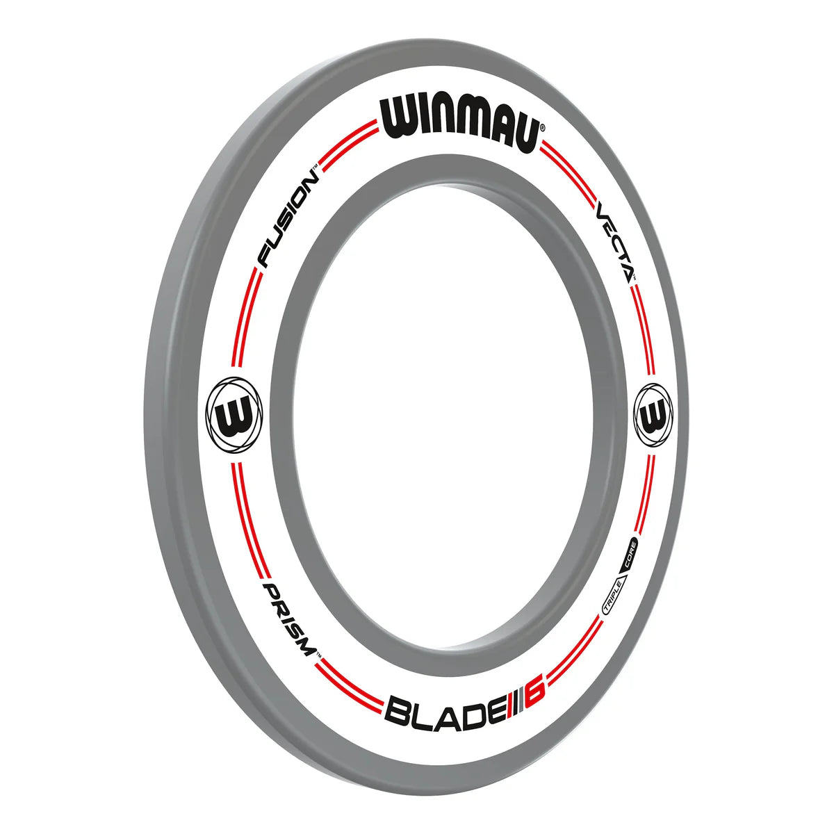 Angled view of white dartboard surround with red accents, printed text, and grey outer rim, isolated on white background