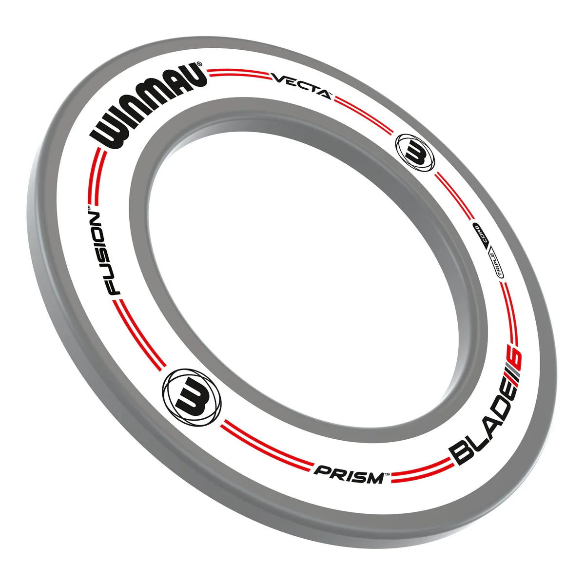 Angled view of Pro Line white dartboard surround with red and black detailing, branding, and durable construction for dartboard protection