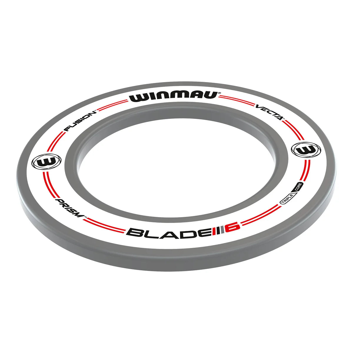 Angled view of white dartboard surround ring with red and black detailing, isolated on white background for dartboard protection