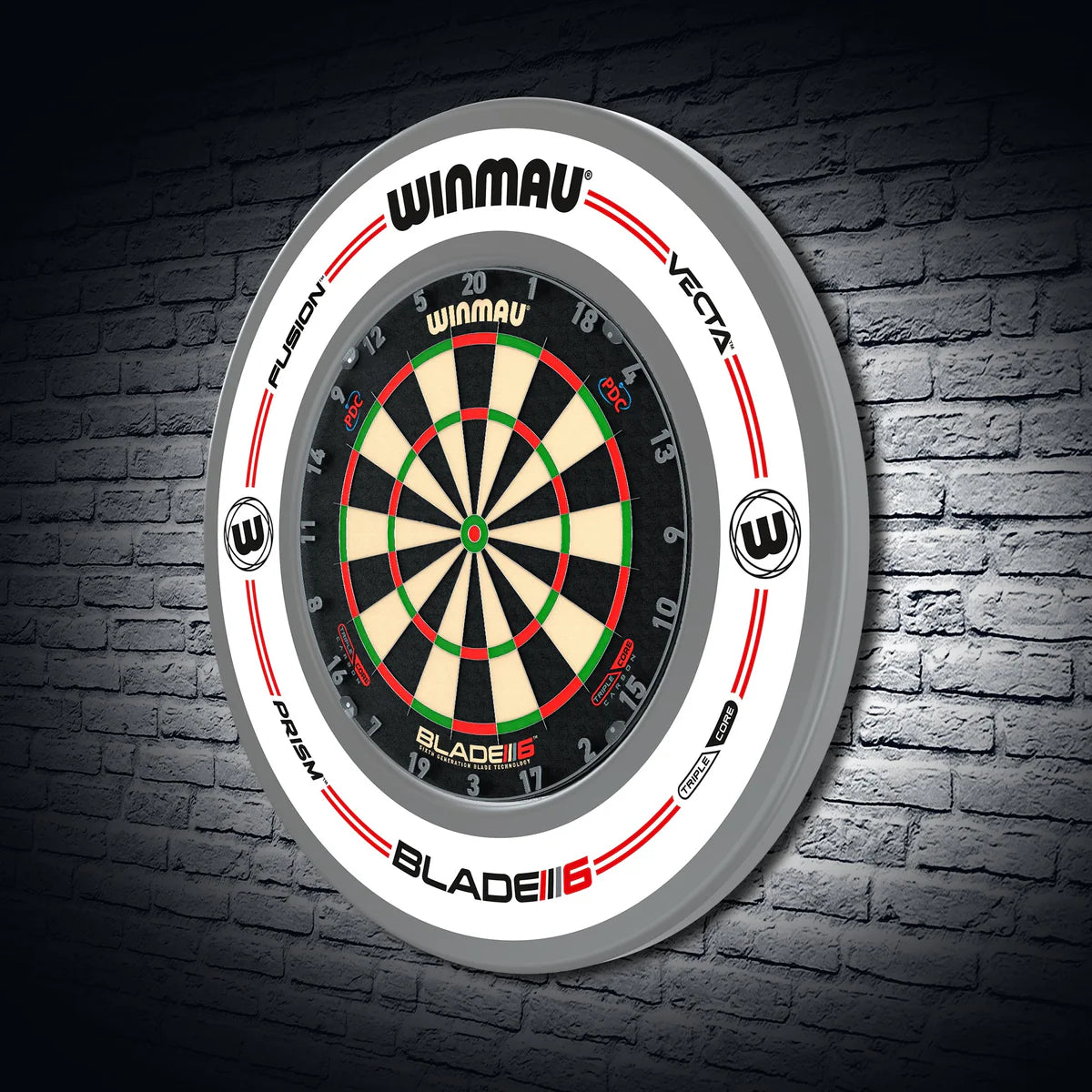 White dartboard surround fully mounted on wall around bristle dartboard, angled view, shows fit and setup for home or club darts