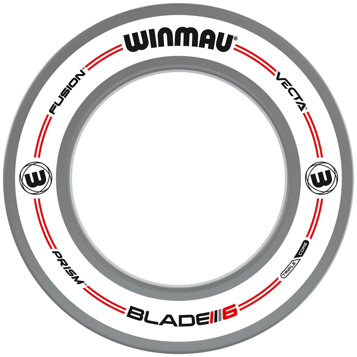 Top-down view of white dartboard surround ring with red and black detailing, perfect for protecting walls in dart setups