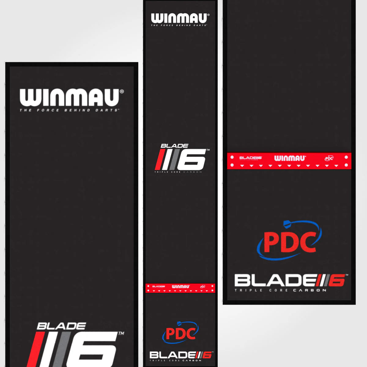 Top-down view of Pro Zone Blade 6 dart mat with integrated oche, soft feel surface, floor length, PDC branding, and zone markings.