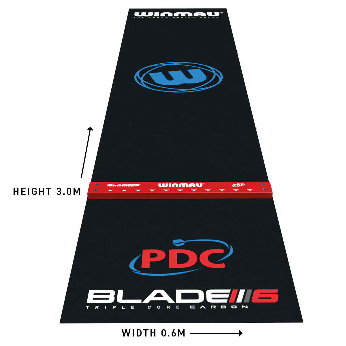 Full length PVC dart mat angled view on white background showing 3.0m height, 0.6m width, and precision zone markings