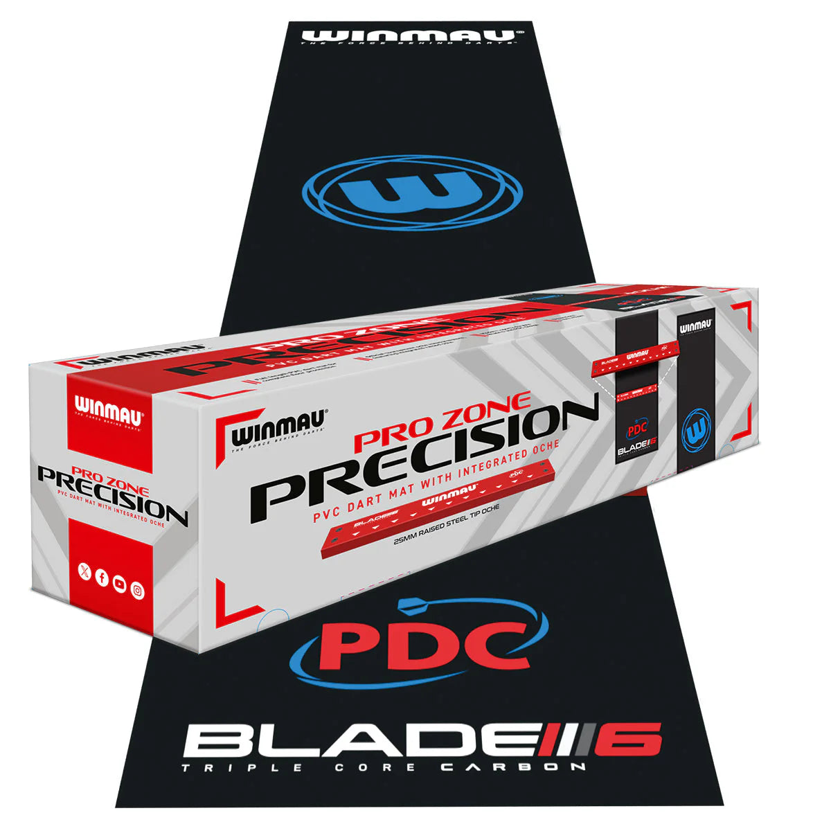 Angled view of full-length PVC dart mat with oche, PDC and Blade 6 graphics, and packaging box on display