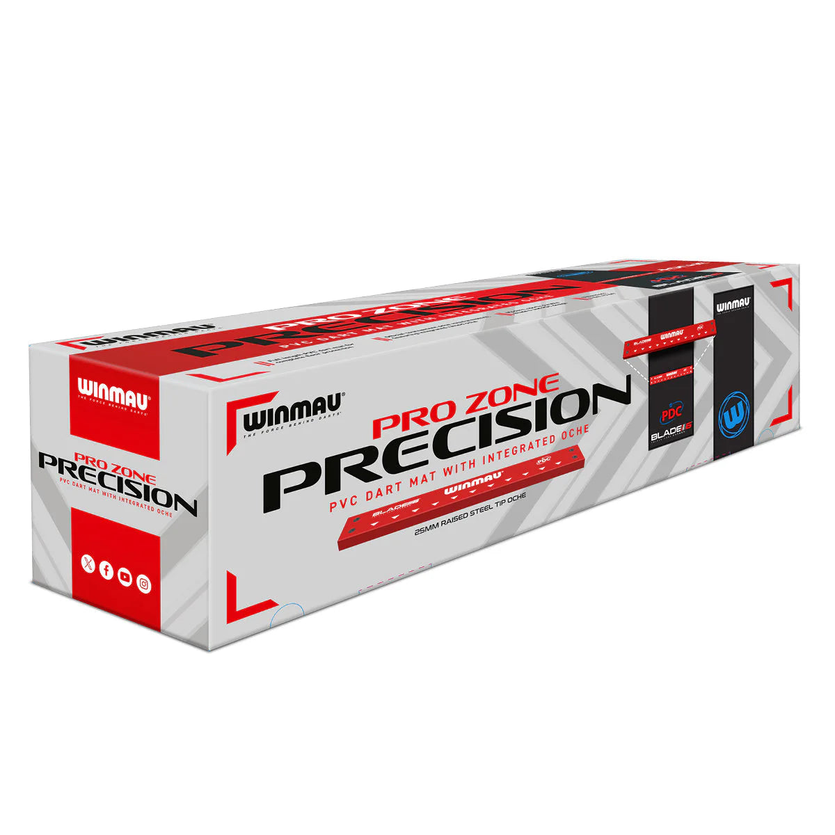Angled shot of Pro Zone Precision PVC dart mat packaging with integrated oche highlighted, single box on white background