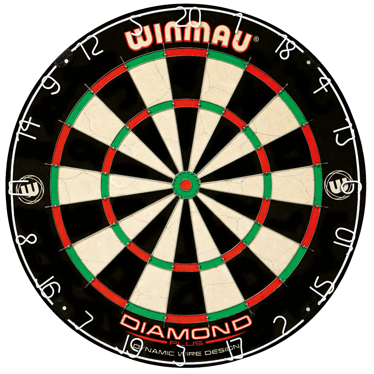 Top-down view of professional dartboard showing full tournament design, high-visibility scoring zones, and diamond wire layout