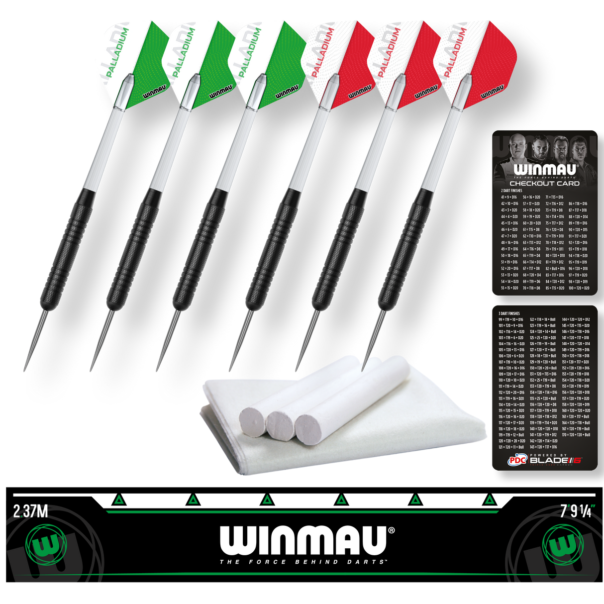 Six steel tip darts with green and red flights, chalk, cloth, and checkout cards angled on black background for dart set buyers