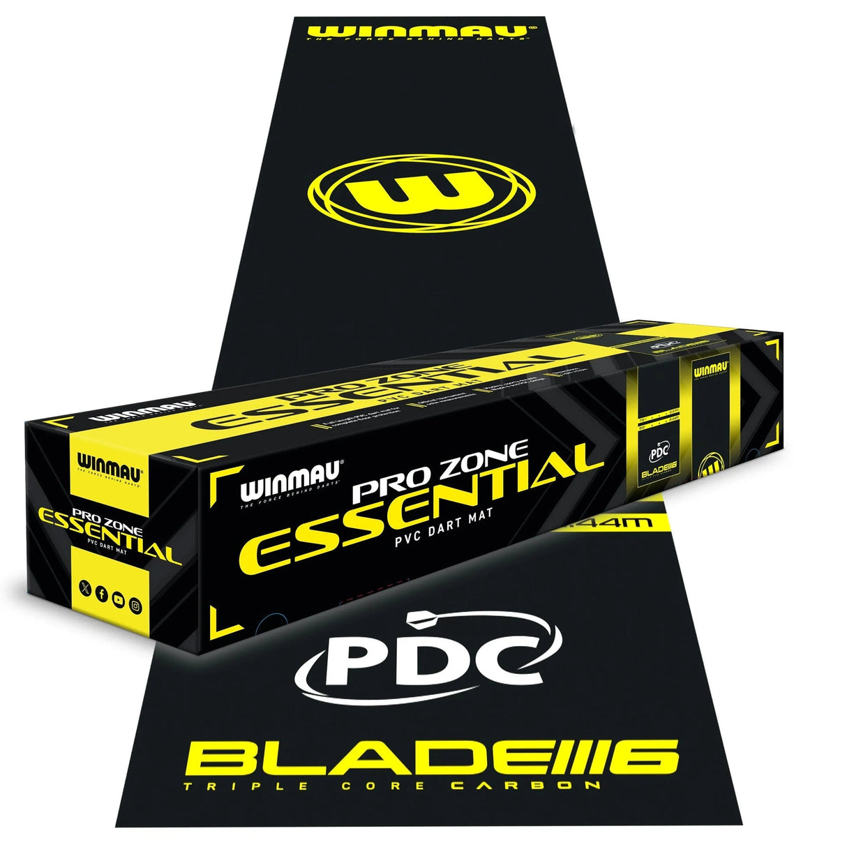 Angled view of full length PVC dart mat unrolled with packaging box, showing PDC and Blade 6 dart mat markings for floor protection