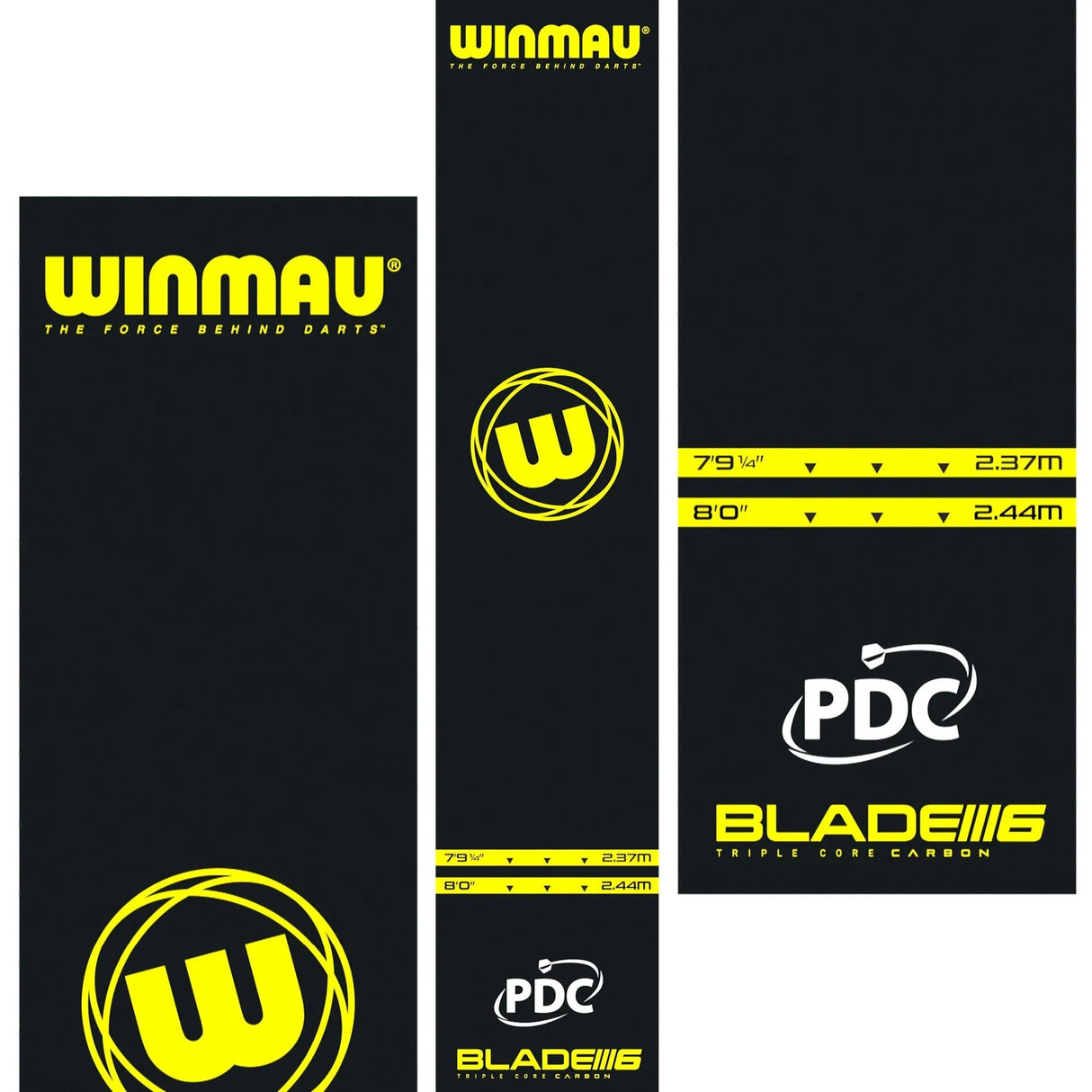 Top-down full view of PVC dart mat with yellow measurement oches, PDC and Blade 6 logos, and textured anti-slip surface