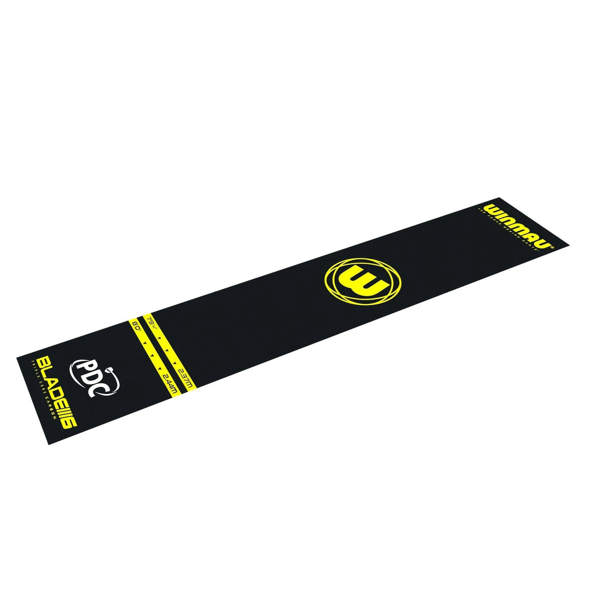 Full-length PVC dart mat angled on white background with throw line markings, ideal for dartboard floor protection