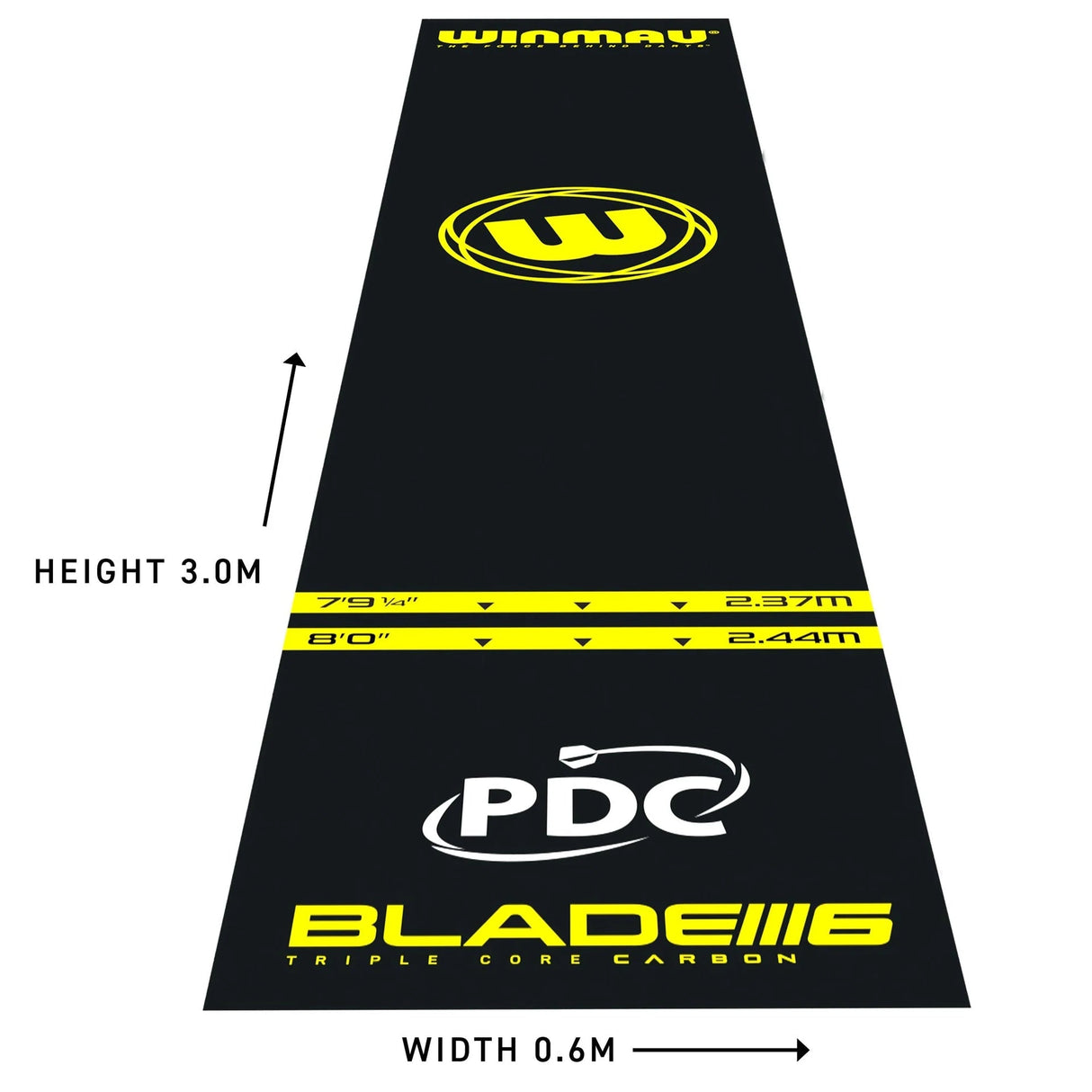 Top-down view of full length PVC dart mat with throw line distance markings, floor protection mat shown with measurements in meters