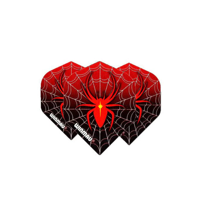 Three mega standard dart flights with red spider web pattern, displayed side by side on white background for dart setup