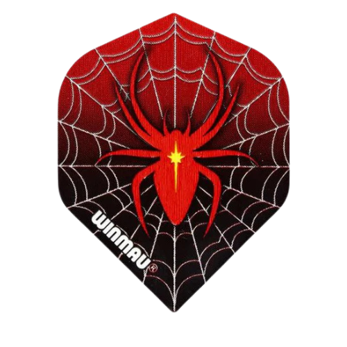 Mega standard dart flight with bold red spider and web design, isolated on white background for dart accessories