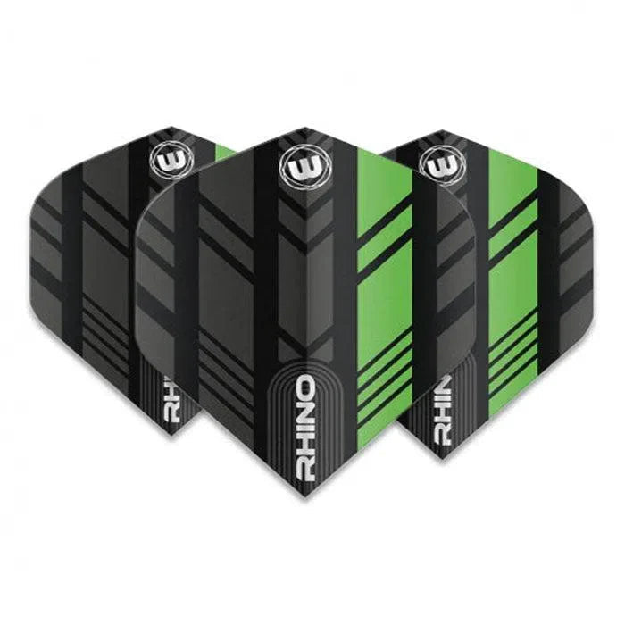 Three black and green No.2 dart flights displayed on white background, highlighting durable material and modern geometric pattern