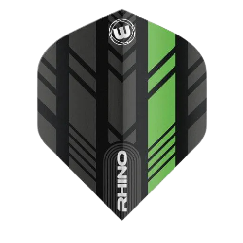 Single No.2 dart flight front view with black and green pattern, RHINO logo, isolated on white background for darts accessories