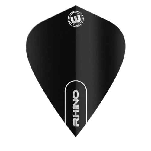 Black kite-shaped dart flight with Rhino logo, 100 micron thickness, close-up on white background