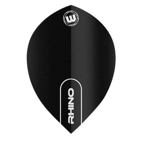 Black pear-shaped dart flight, full view on white background, RHINO text and reinforced 100 micron design for durable dart setup