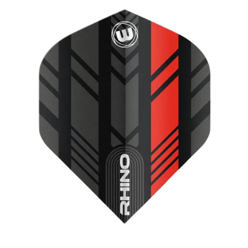 Rhino Black & Red No.2 dart flight shown full front view on white background, highlighting bold geometric design and durable material