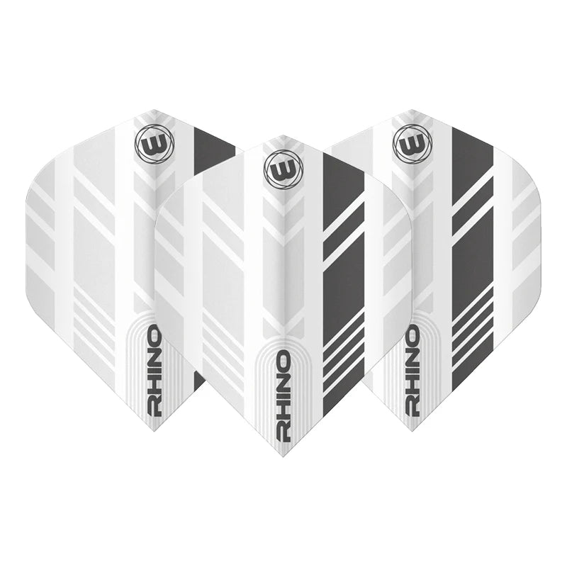 Three No.2 dart flights with white and grey stripe pattern, fanned out, isolated on white for dart equipment buyers