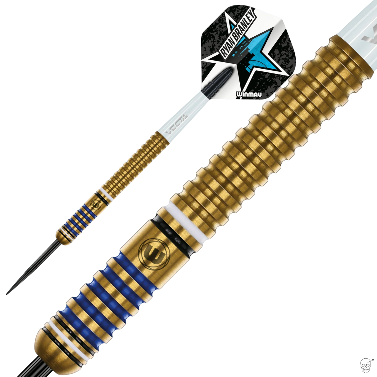 Macro close-up of gold and blue ringed tungsten dart barrel with textured grip, full dart and custom flight in background, isolated on white