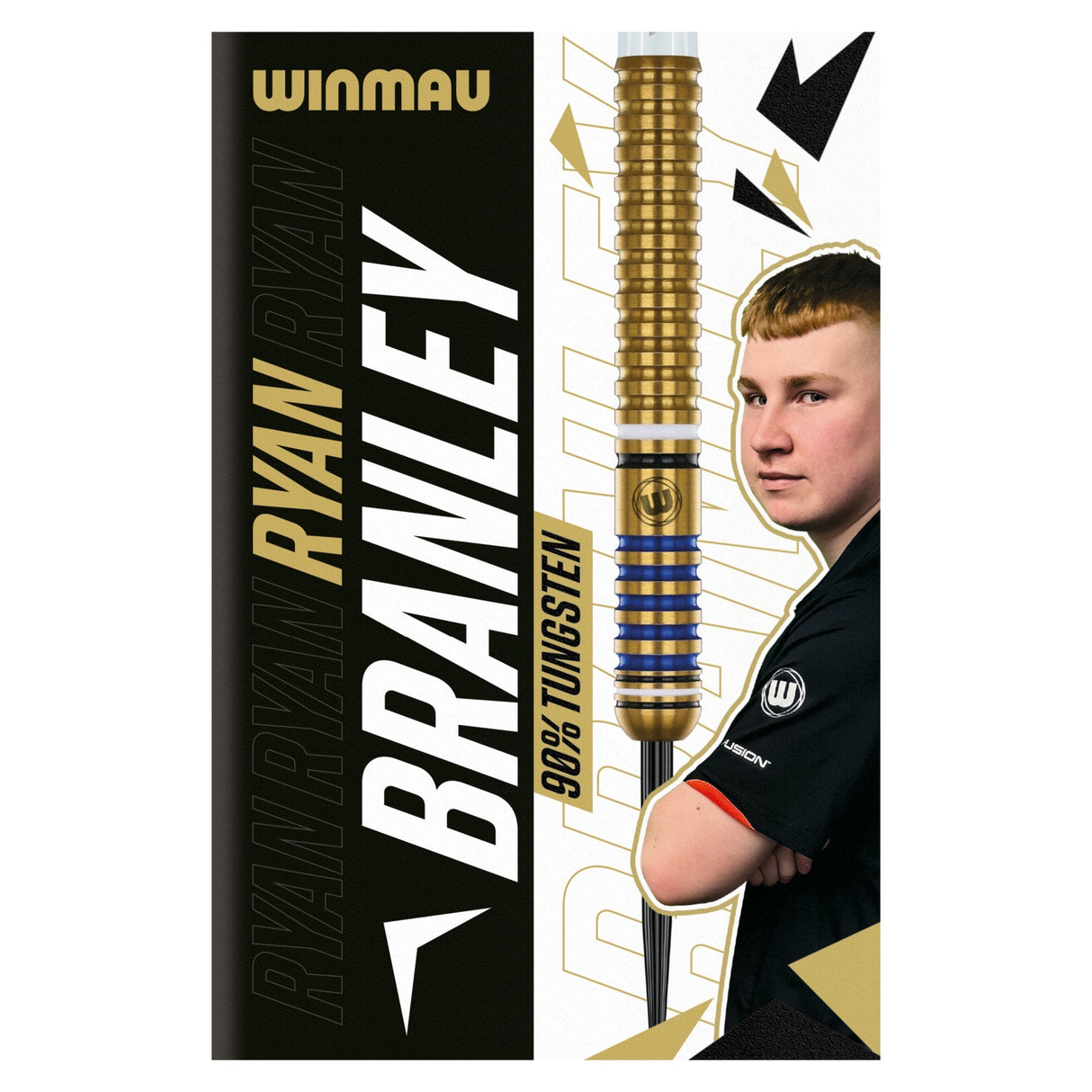Packaged Ryan Branley 90% tungsten darts with gold ringed barrel, blue accents, full dart barrel view, and player portrait