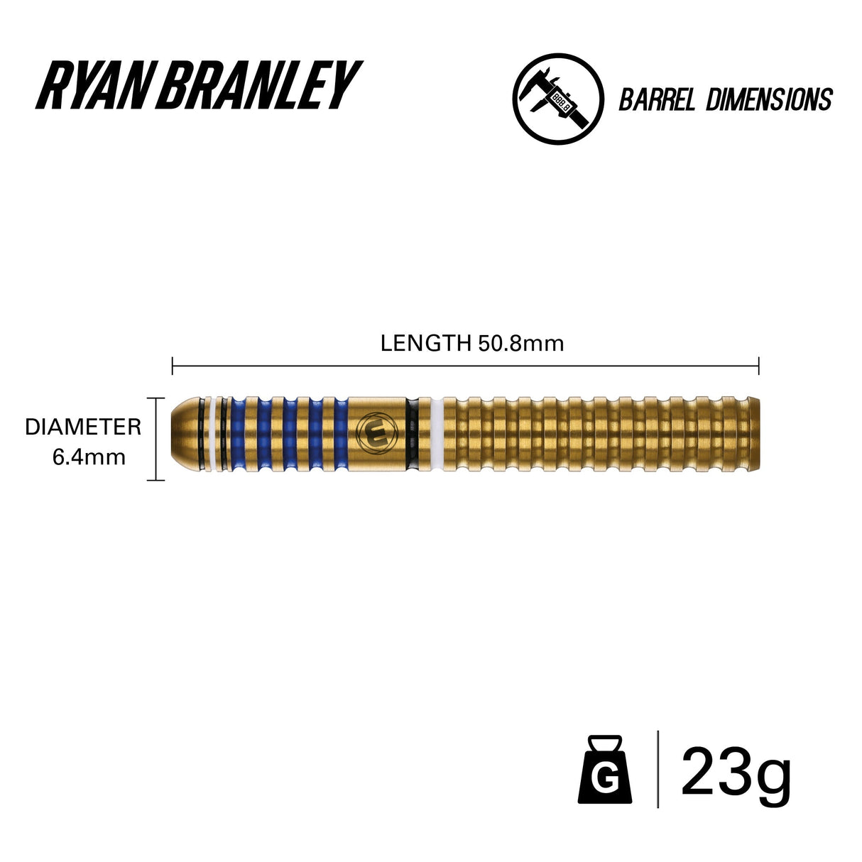 Side view of 90% tungsten dart barrel with blue and gold grooves, showing 50.8mm length, 6.4mm diameter, and 23g weight for dart players