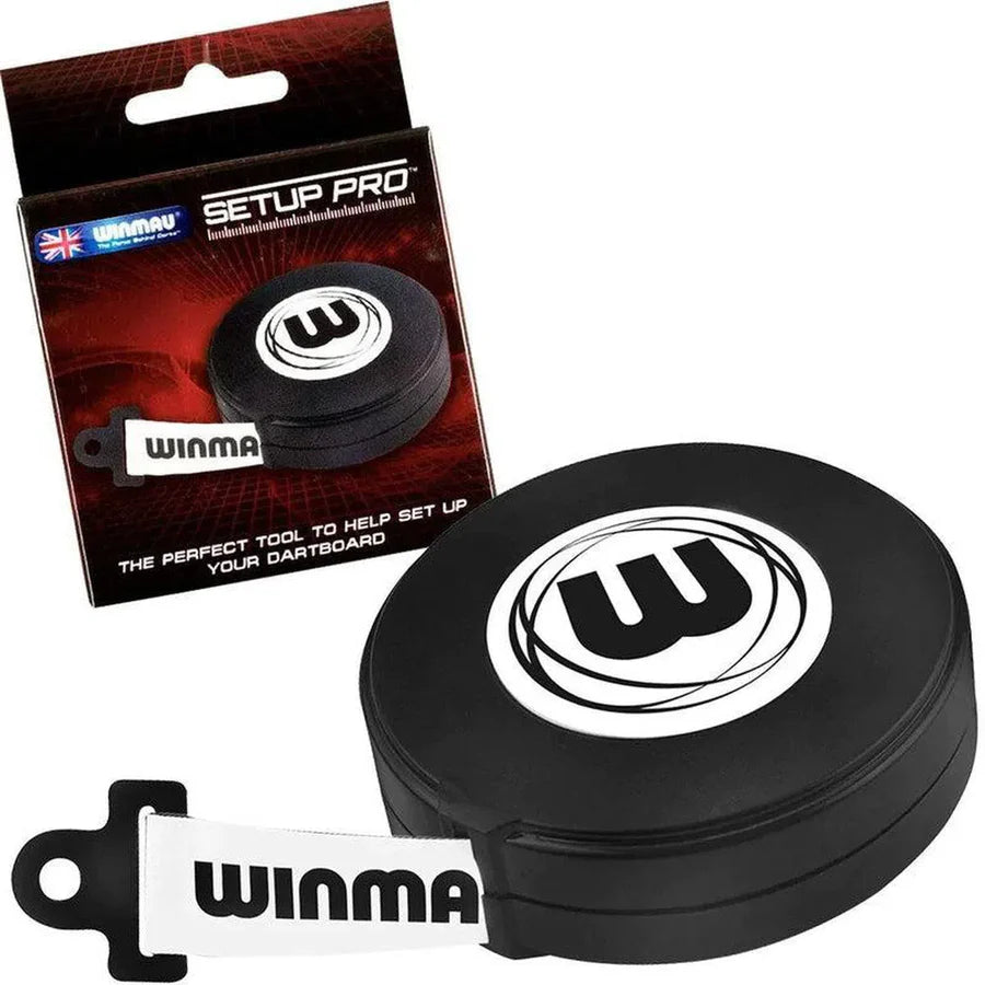 Dartboard setup measuring tape tool angled view, shown in box and unboxed, tape extended for accurate dart setup