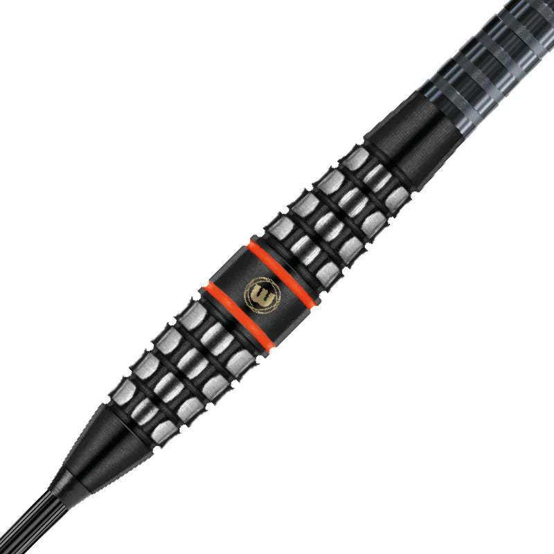 Close-up of tungsten dart barrel with precision grip grooves, red rings, and engraved logo, isolated on white background
