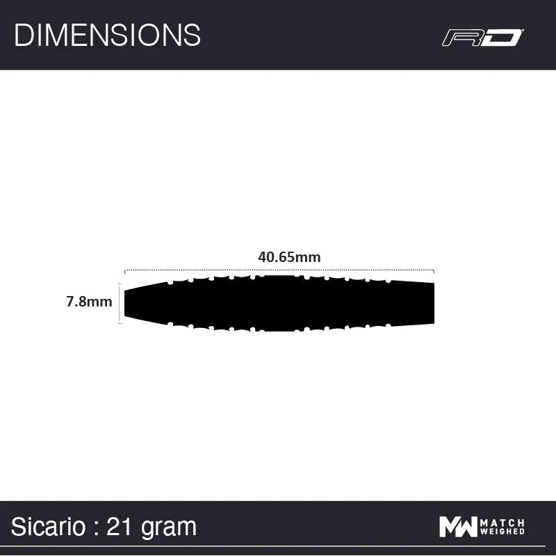 Dart barrel side profile with 40.65mm length and 7.8mm diameter, size reference for 21g tungsten darts