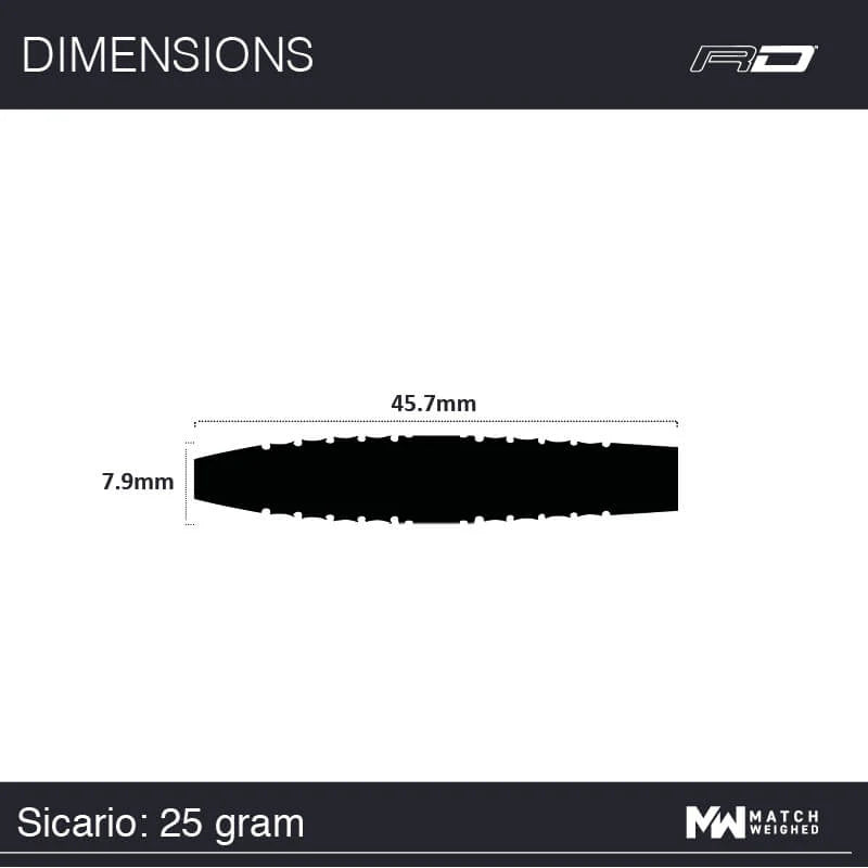 Dart barrel top-down silhouette with 45.7mm length and 7.9mm diameter, showing size specs for 25g tungsten dart