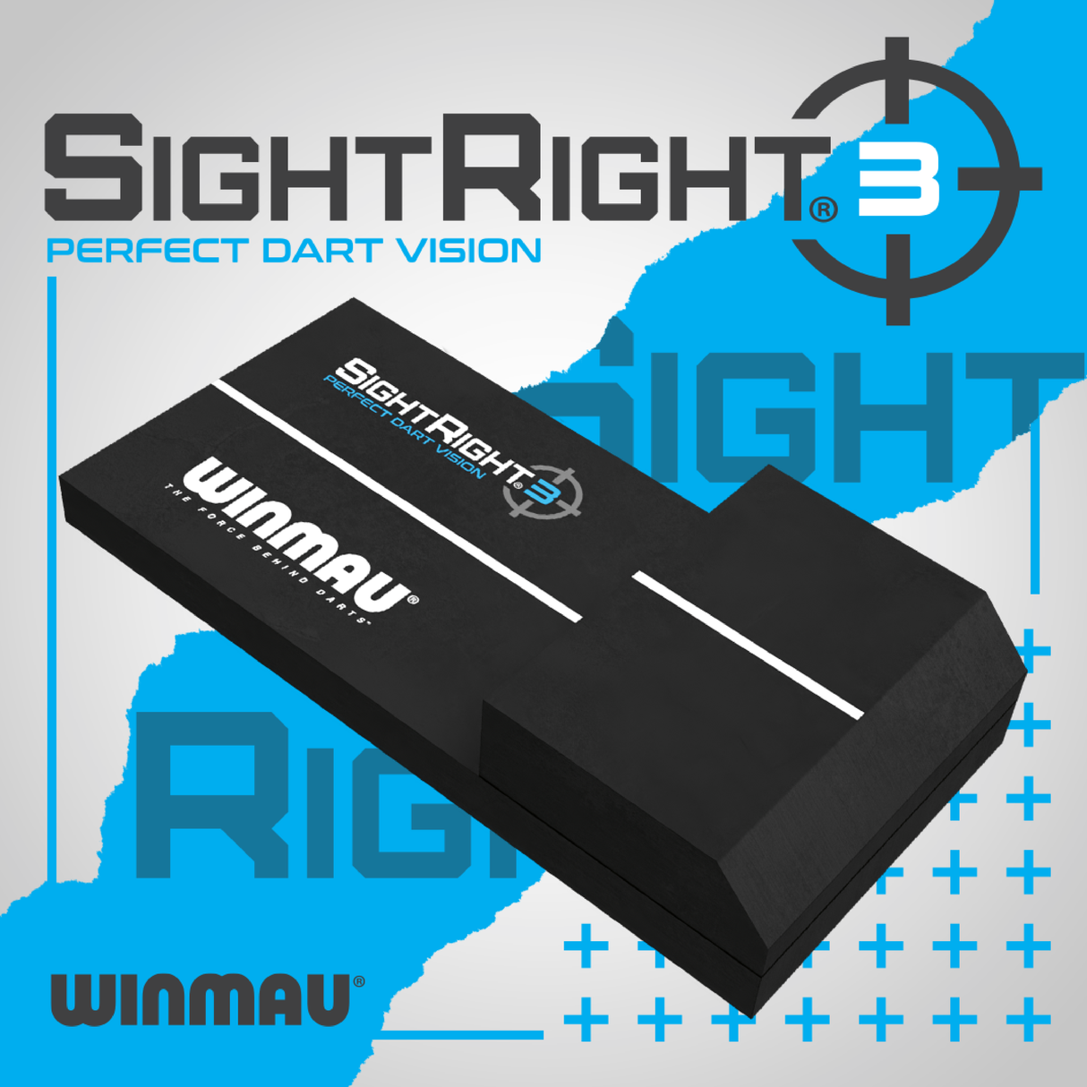 Angled view of SightRight 3 darts alignment aid on display, featuring black compact body with white sighting line for precision dart setup.