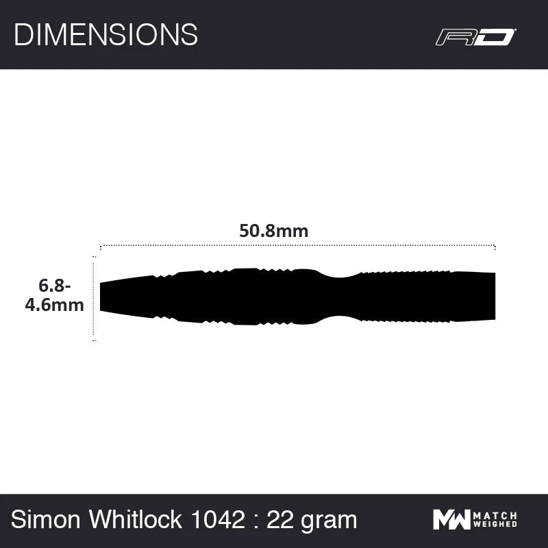Top-down view of Simon Whitlock 90% tungsten dart barrel with 50.8mm length and 6.8-4.6mm diameter dimensions for dart buyers
