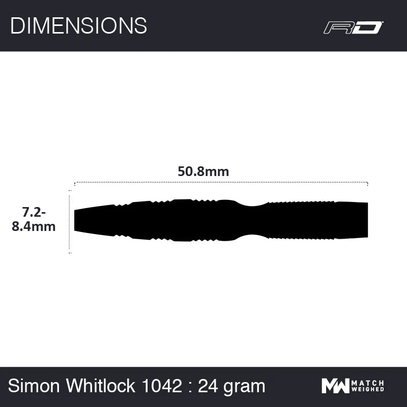 Dart barrel side view with 50.8mm length and 7.2-8.4mm diameter scale, showing detailed grip profile for tungsten darts