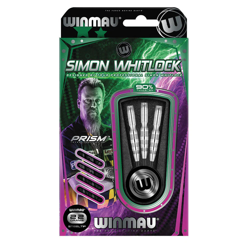 Steel tip Simon Whitlock 90% tungsten darts in retail packaging, three darts arranged with visible grip design and flight accessories.
