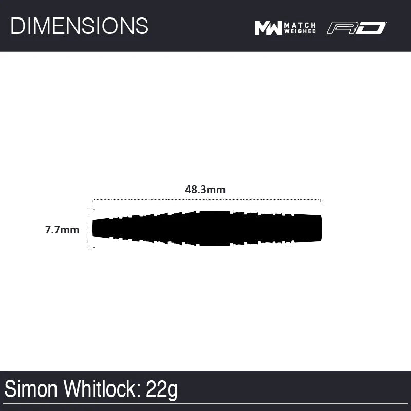 Dart barrel top-down view with scale reference showing 48.3mm length and 7.7mm diameter, Simon Whitlock 22g tungsten darts.